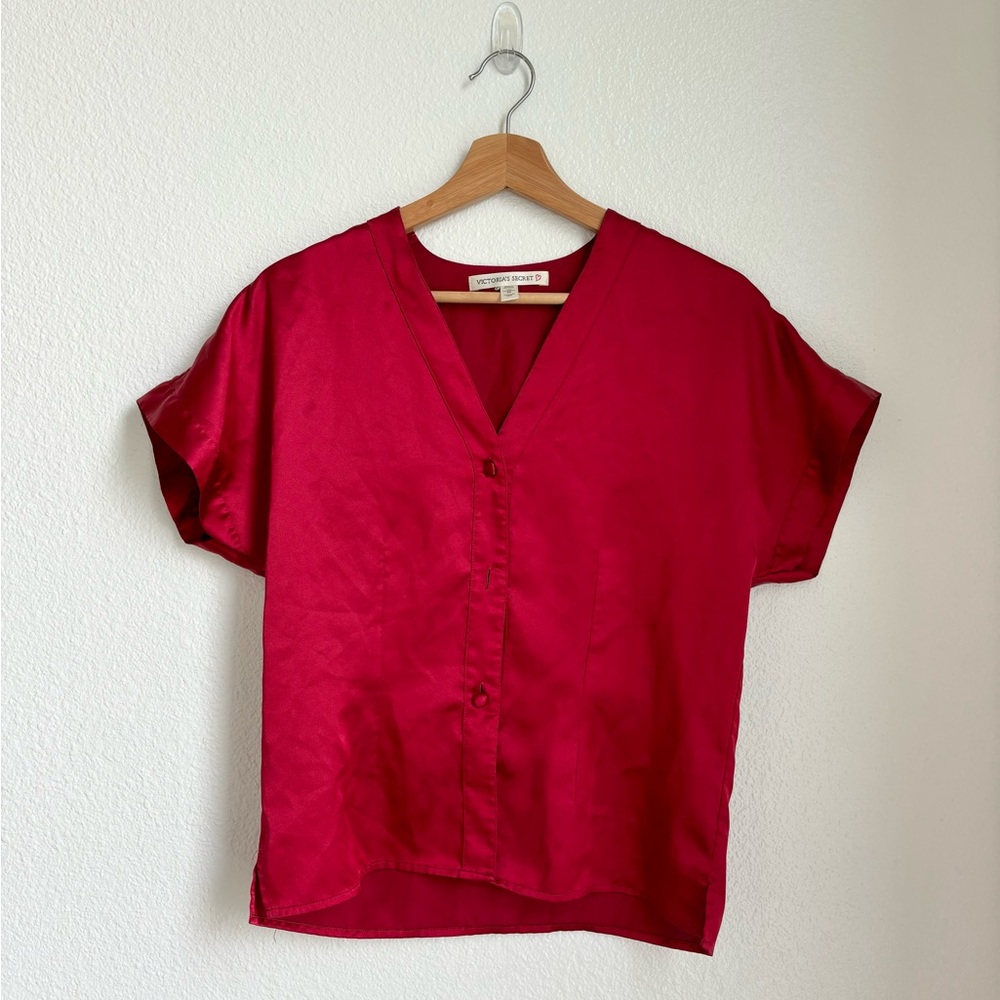 VINTAGE VICTORIA SECRET red satin button down collared size X small Late 90s